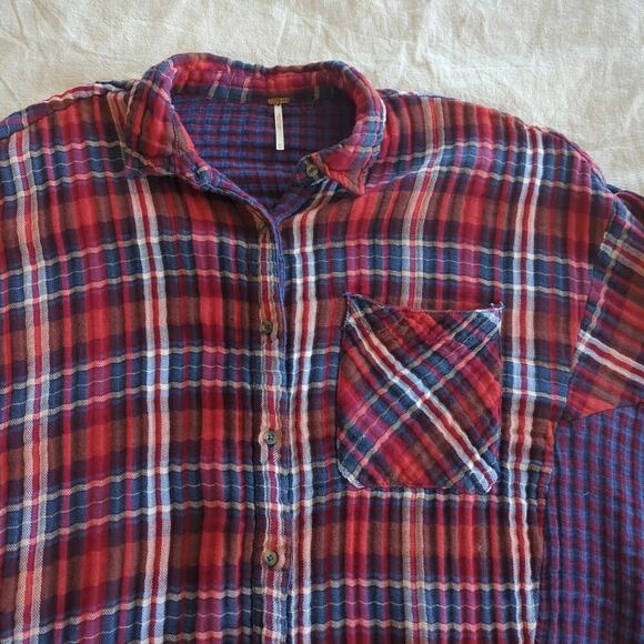 Free People Shirt Medium Red & Blue Plaid Long Sleeve Guaze Knit Tunic Button-up - Picture 3 of 7